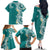 Aloha Polynesian Plumeria Flower Family Matching Off The Shoulder Long Sleeve Dress and Hawaiian Shirt Teal Color