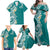 Aloha Polynesian Plumeria Flower Family Matching Off Shoulder Maxi Dress and Hawaiian Shirt Teal Color