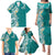 Aloha Polynesian Plumeria Flower Family Matching Puletasi and Hawaiian Shirt Teal Color