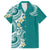 Aloha Polynesian Plumeria Flower Family Matching Puletasi and Hawaiian Shirt Teal Color