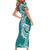 Aloha Polynesian Plumeria Flower Family Matching Short Sleeve Bodycon Dress and Hawaiian Shirt Teal Color