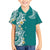 Aloha Polynesian Plumeria Flower Family Matching Short Sleeve Bodycon Dress and Hawaiian Shirt Teal Color