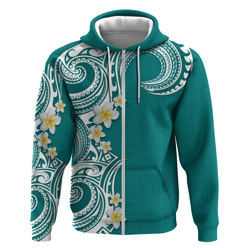 Aloha Polynesian Plumeria Flower Hoodie Teal Color LT03 Zip Hoodie Teal - Polynesian Pride