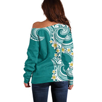 Aloha Polynesian Plumeria Flower Off Shoulder Sweater Teal Color LT03 - Polynesian Pride