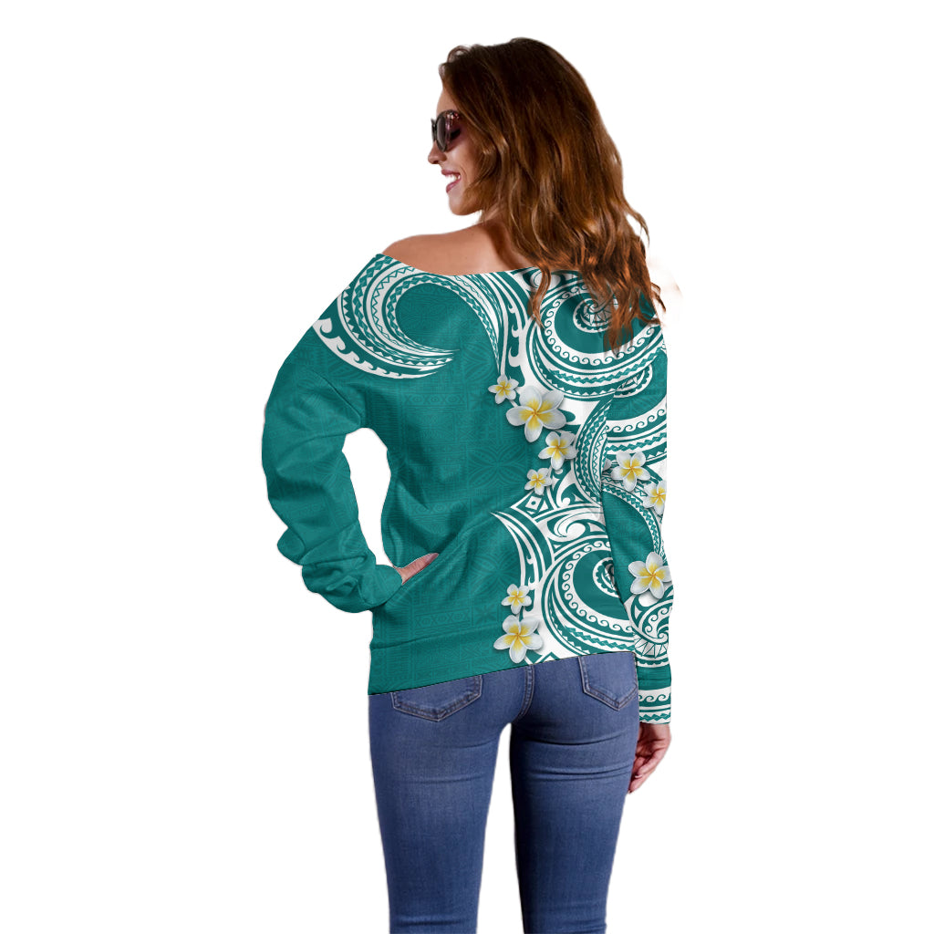 Aloha Polynesian Plumeria Flower Off Shoulder Sweater Teal Color LT03 - Polynesian Pride