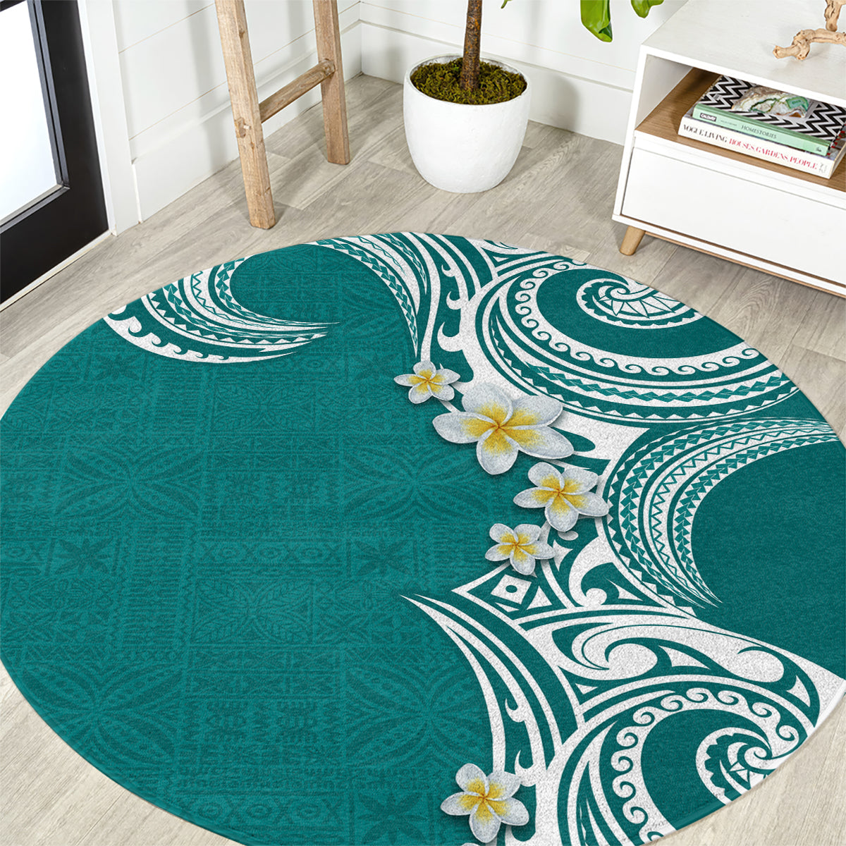 Aloha Polynesian Plumeria Flower Round Carpet Teal Color LT03 Teal - Polynesian Pride
