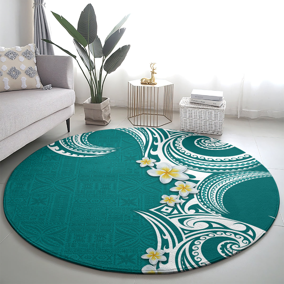 Aloha Polynesian Plumeria Flower Round Carpet Teal Color LT03 - Polynesian Pride