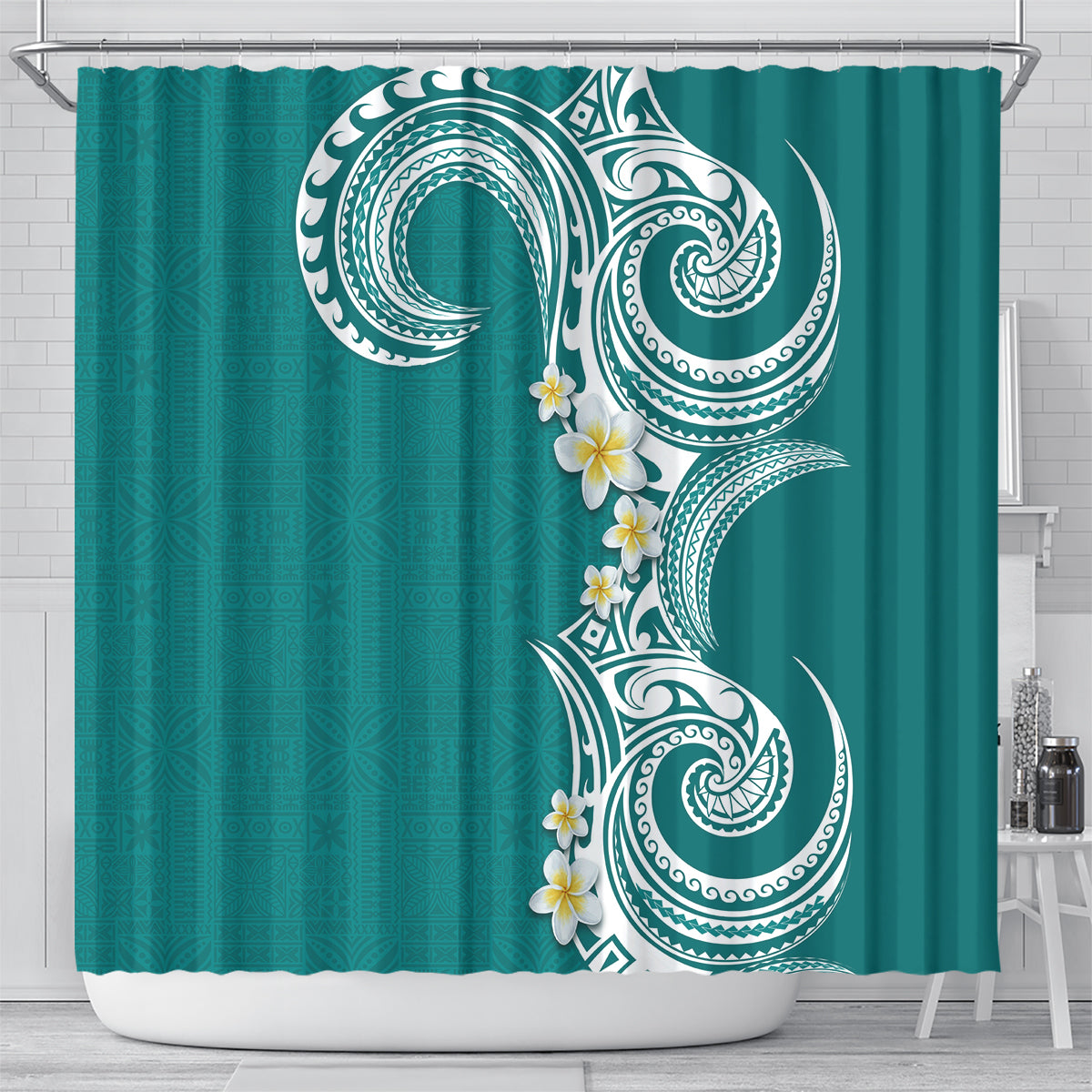 Aloha Polynesian Plumeria Flower Shower Curtain Teal Color LT03 - Polynesian Pride