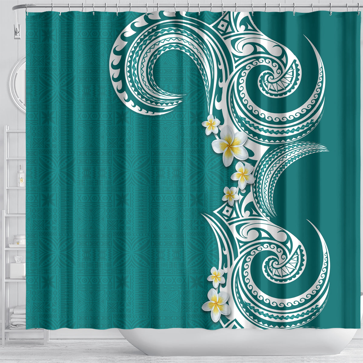 Aloha Polynesian Plumeria Flower Shower Curtain Teal Color LT03 - Polynesian Pride