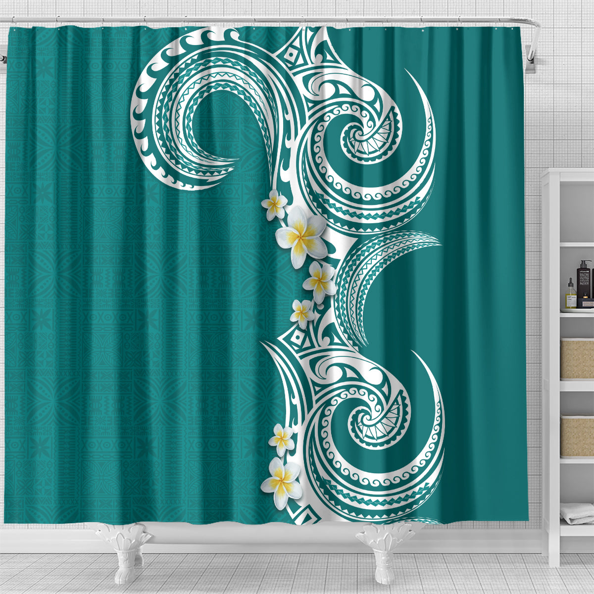 Aloha Polynesian Plumeria Flower Shower Curtain Teal Color LT03 - Polynesian Pride