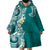 Aloha Polynesian Plumeria Flower Wearable Blanket Hoodie Teal Color