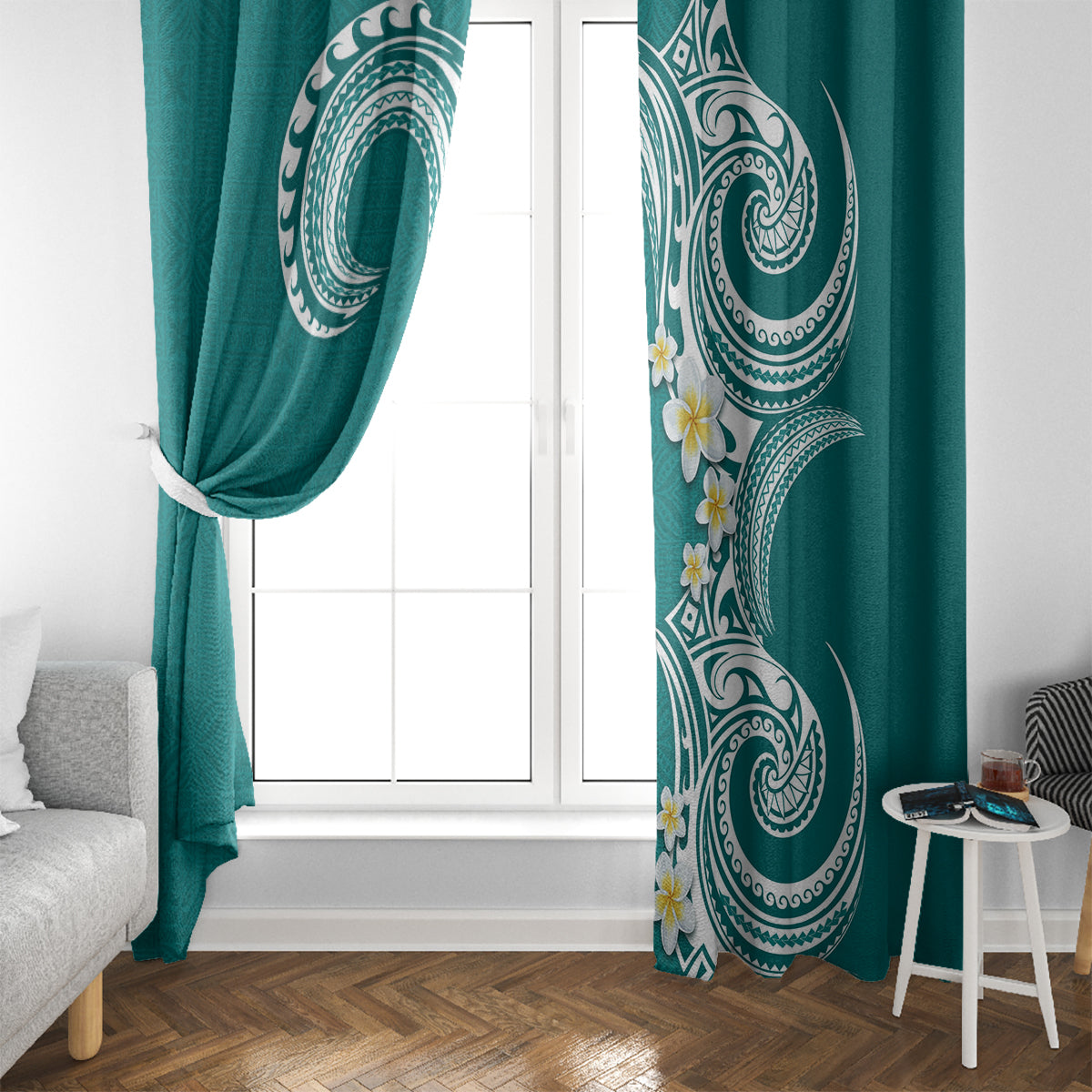 Aloha Polynesian Plumeria Flower Window Curtain Teal Color LT03 - Polynesian Pride