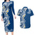 Aloha Polynesian Plumeria Flower Couples Matching Long Sleeve Bodycon Dress and Hawaiian Shirt Blue Color