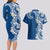 Aloha Polynesian Plumeria Flower Couples Matching Long Sleeve Bodycon Dress and Hawaiian Shirt Blue Color