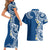 Aloha Polynesian Plumeria Flower Couples Matching Short Sleeve Bodycon Dress and Hawaiian Shirt Blue Color