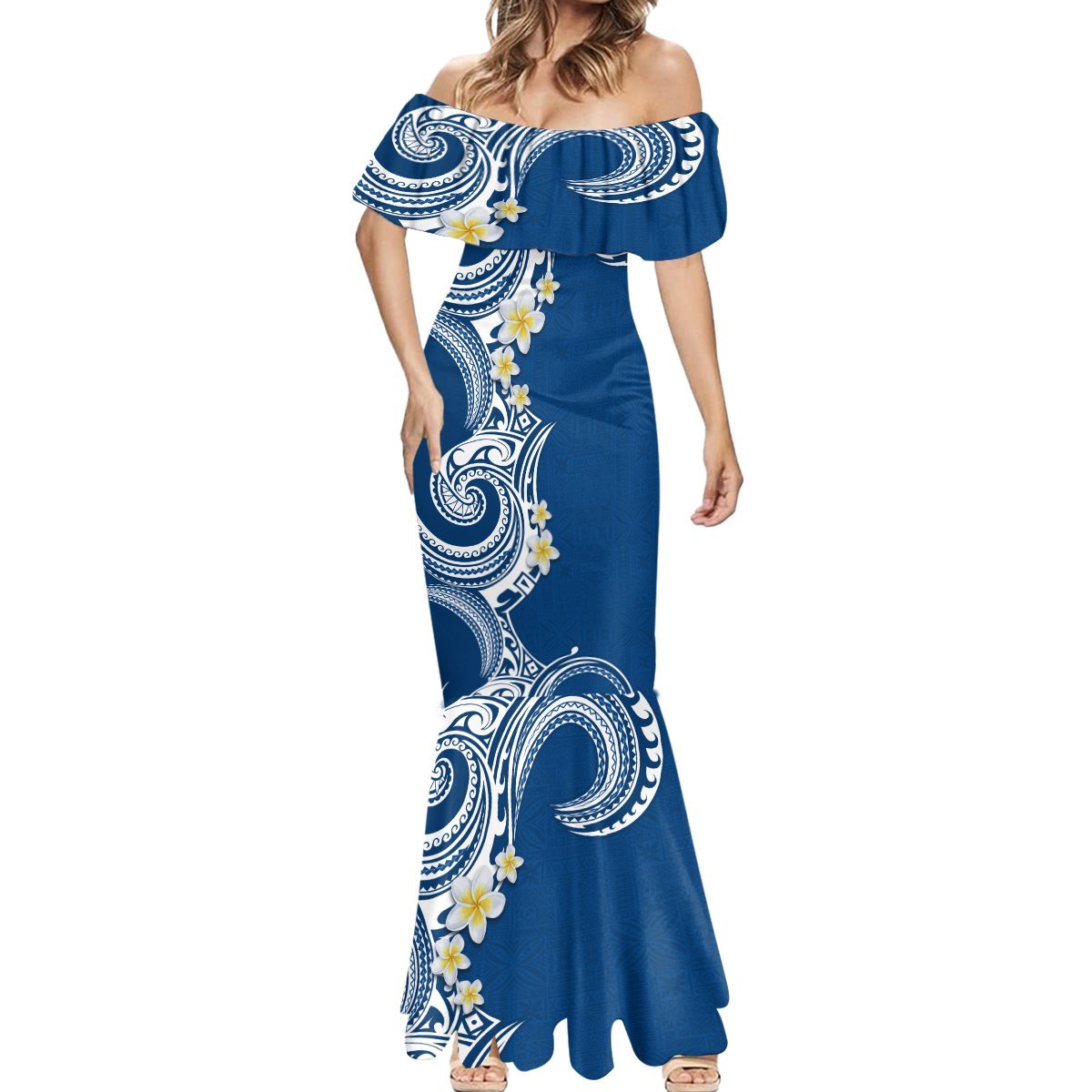 Aloha Polynesian Plumeria Flower Mermaid Dress Blue Color LT03 - Polynesian Pride