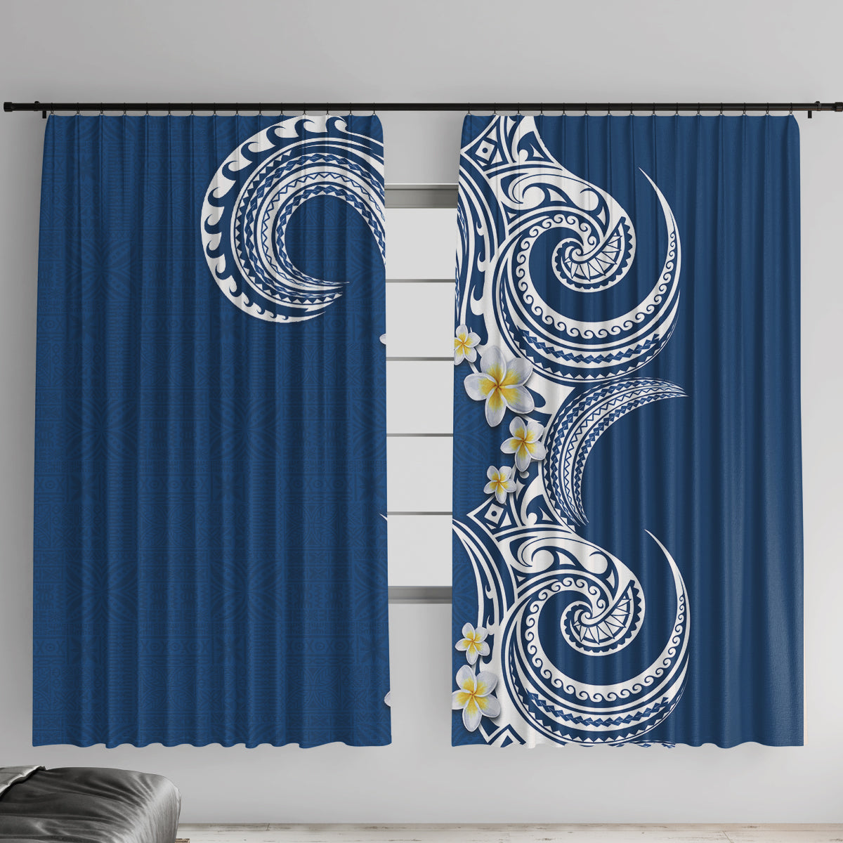 Aloha Polynesian Plumeria Flower Window Curtain Blue Color LT03 With Hooks Blue - Polynesian Pride