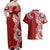 Aloha Polynesian Plumeria Flower Couples Matching Off Shoulder Maxi Dress and Hawaiian Shirt Red Color