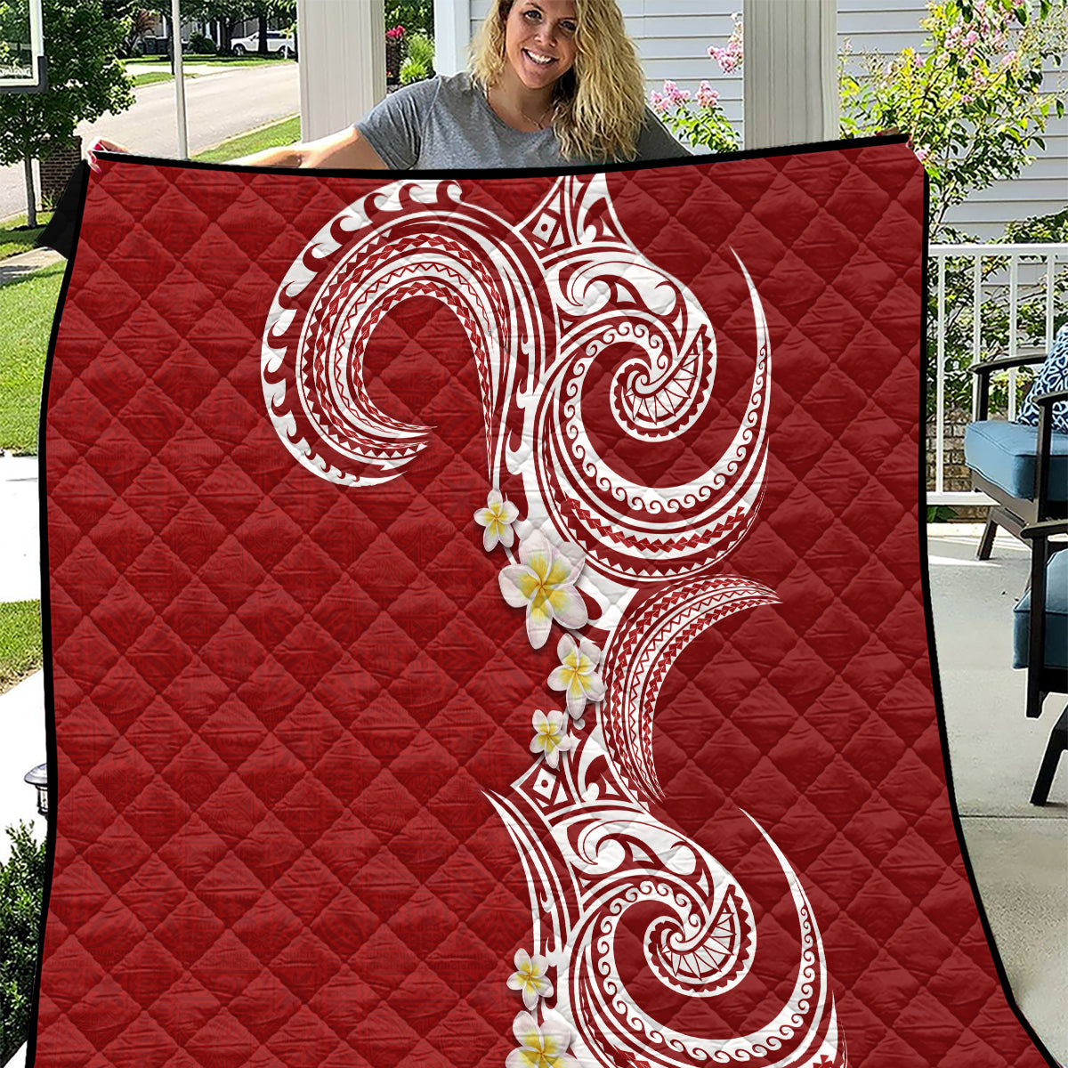 Aloha Polynesian Plumeria Flower Quilt Red Color