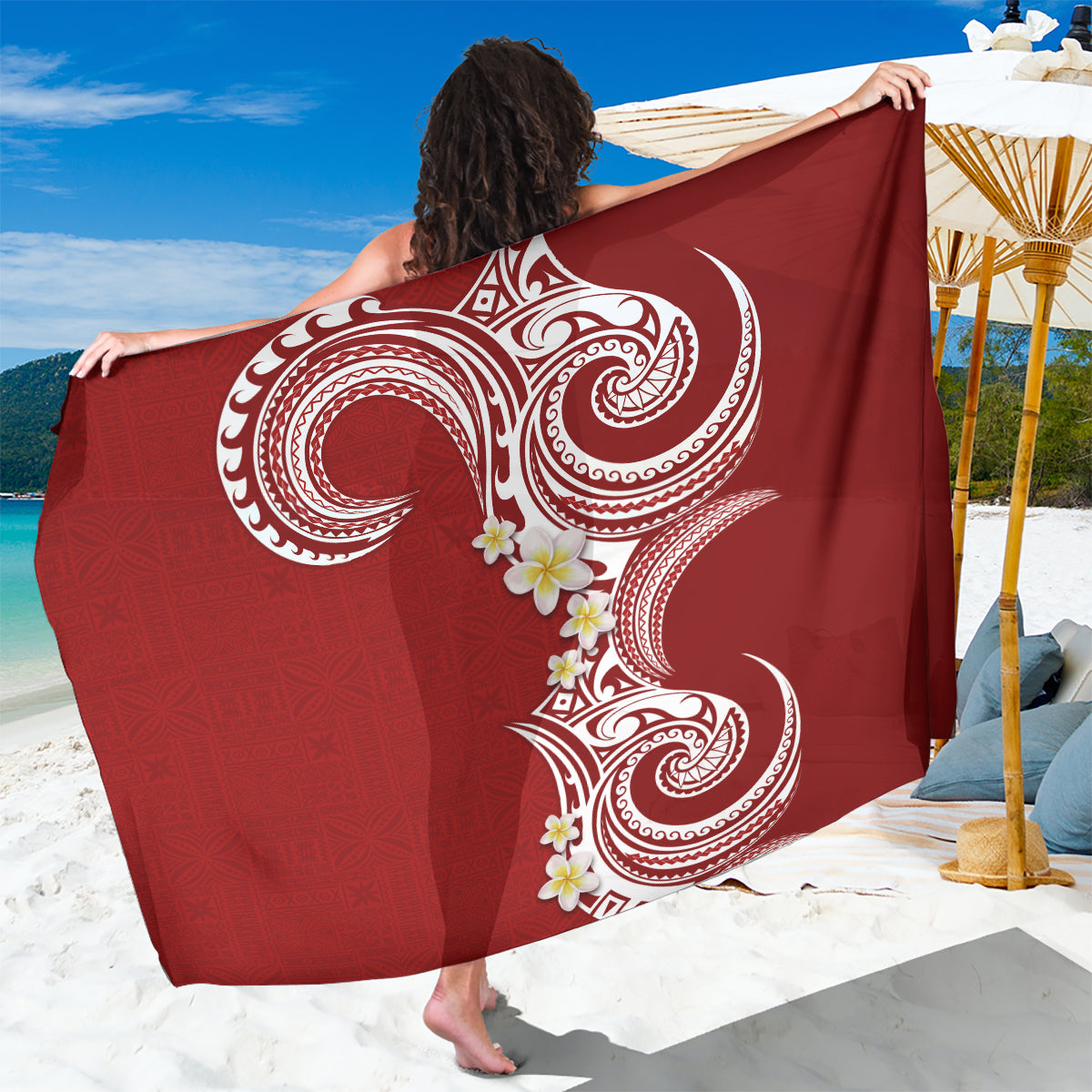 Aloha Polynesian Plumeria Flower Sarong Red Color LT03 One Size 44 x 66 inches Red - Polynesian Pride