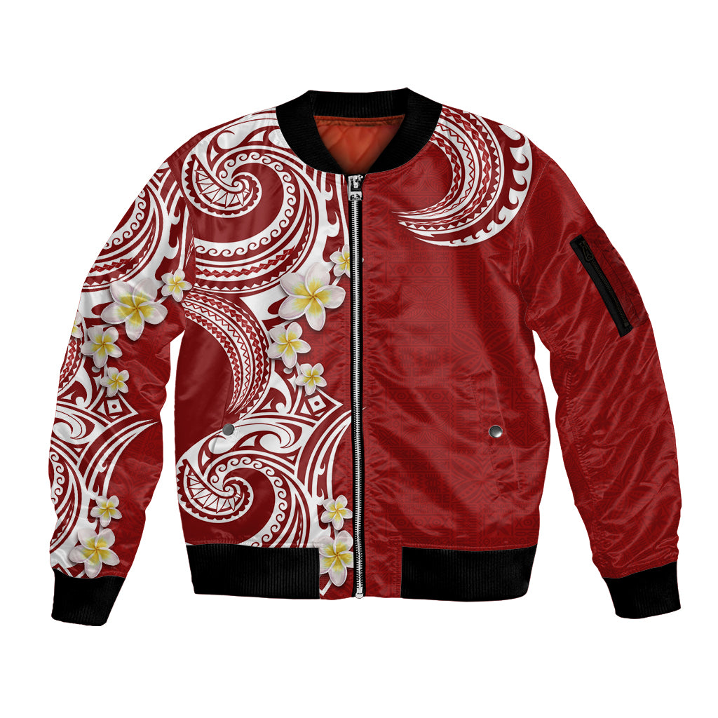 Aloha Polynesian Plumeria Flower Sleeve Zip Bomber Jacket Red Color LT03 Unisex Red - Polynesian Pride