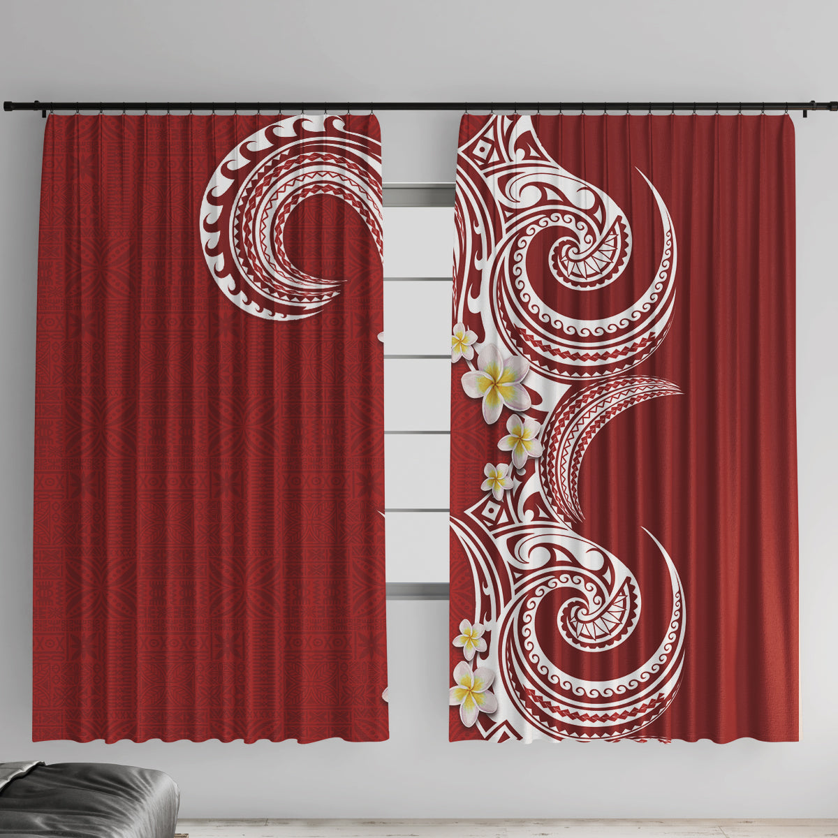 Aloha Polynesian Plumeria Flower Window Curtain Red Color LT03 With Hooks Red - Polynesian Pride