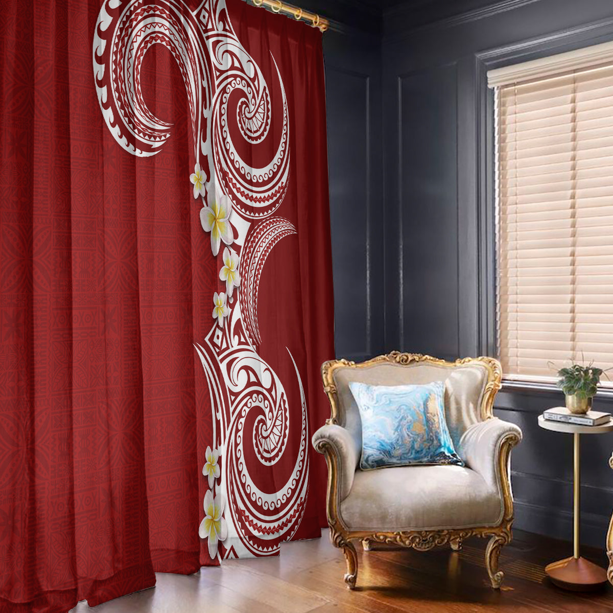 Aloha Polynesian Plumeria Flower Window Curtain Red Color LT03 - Polynesian Pride