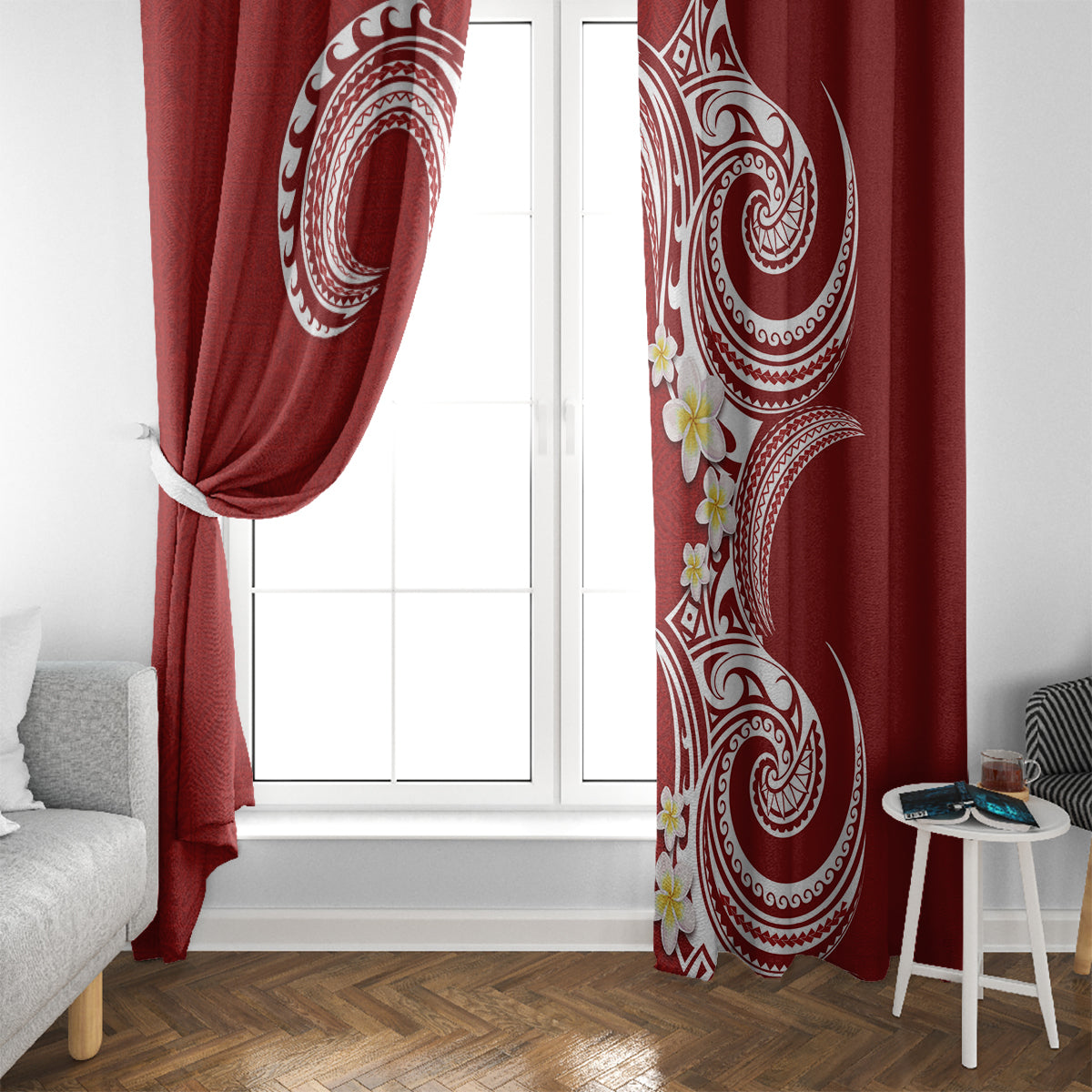 Aloha Polynesian Plumeria Flower Window Curtain Red Color LT03 - Polynesian Pride