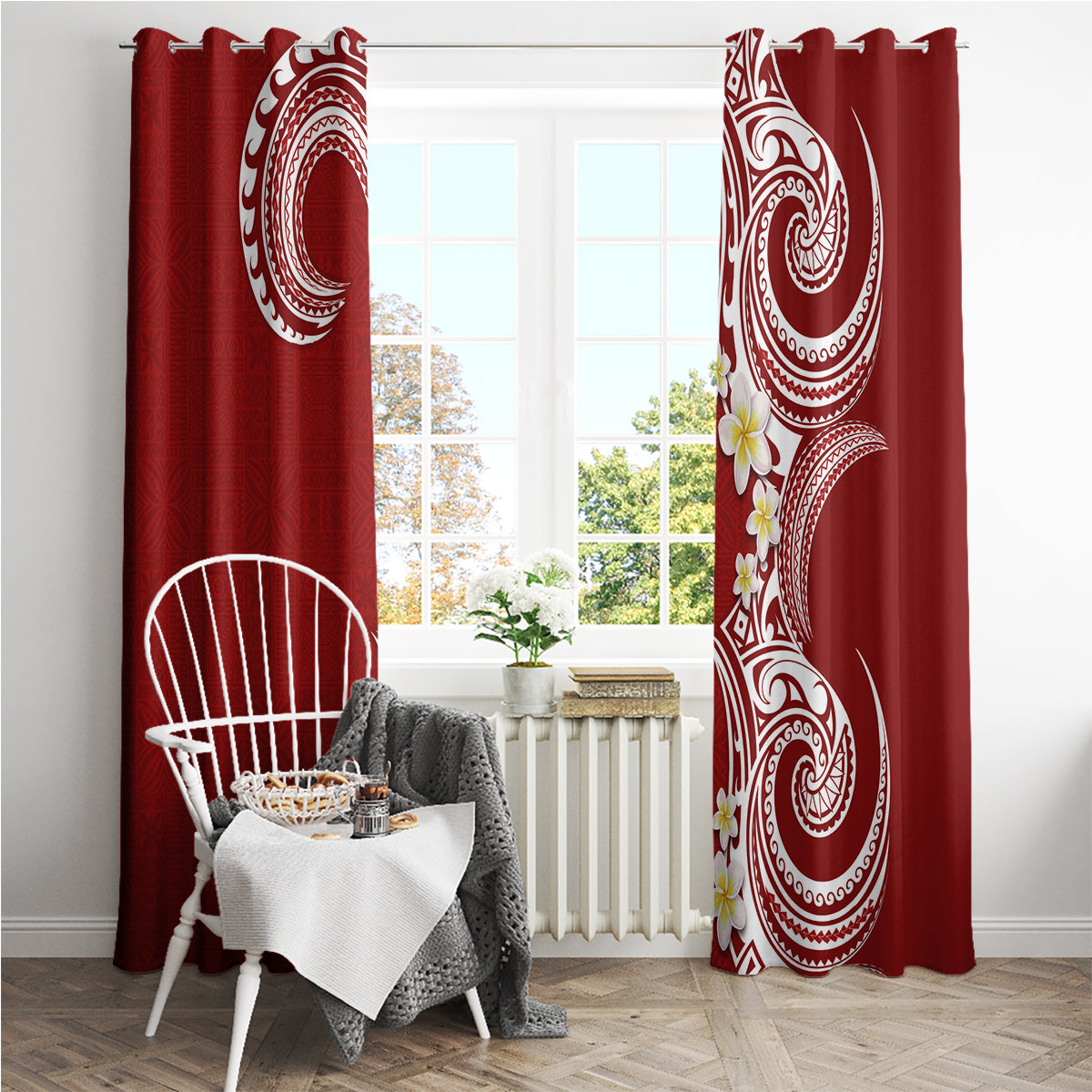 Aloha Polynesian Plumeria Flower Window Curtain Red Color LT03 - Polynesian Pride