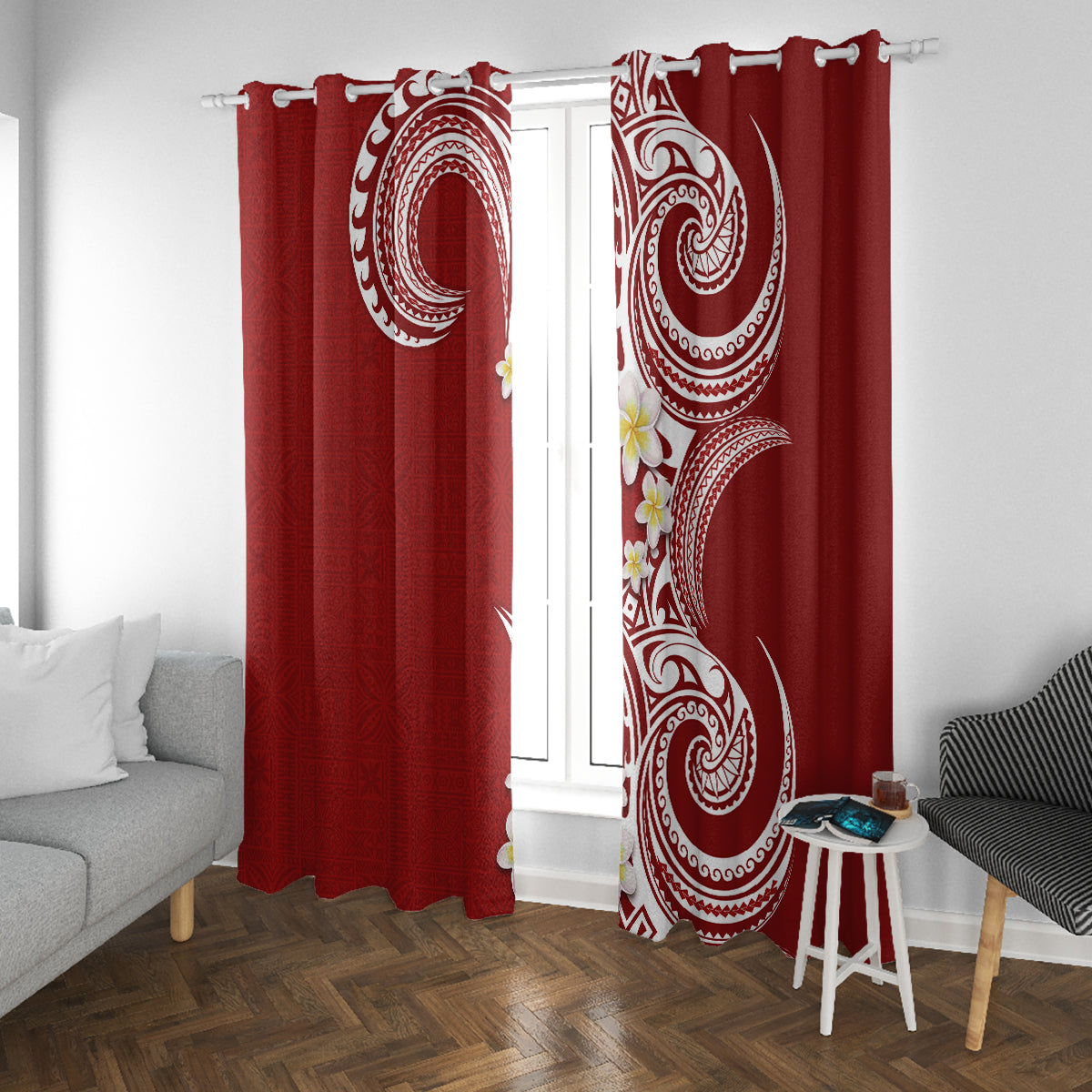 Aloha Polynesian Plumeria Flower Window Curtain Red Color LT03 With Grommets Red - Polynesian Pride