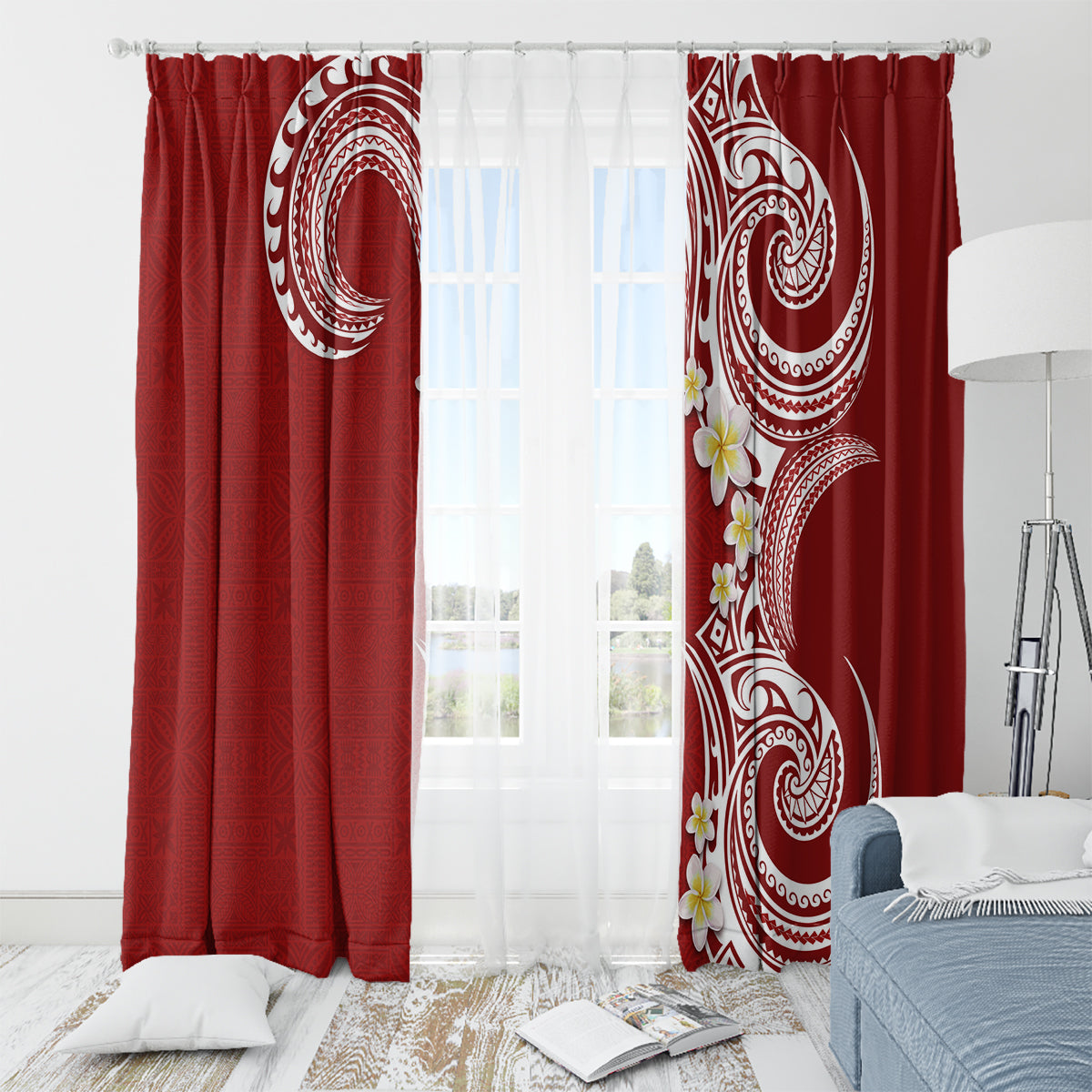 Aloha Polynesian Plumeria Flower Window Curtain Red Color LT03 - Polynesian Pride