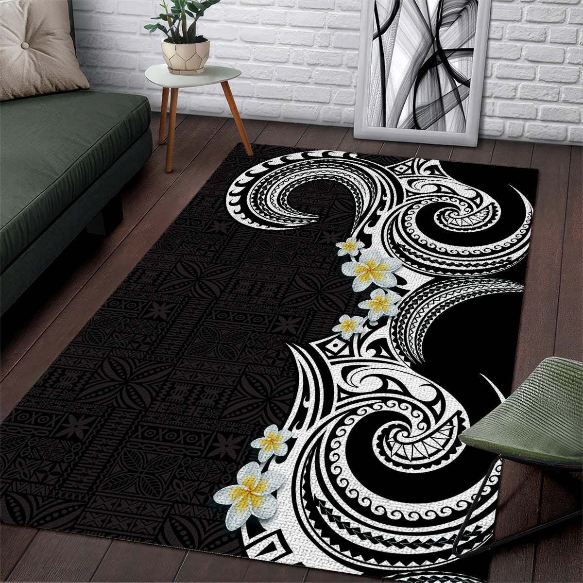 Aloha Polynesian Plumeria Flower Area Rug Black White Color LT03 Black - Polynesian Pride