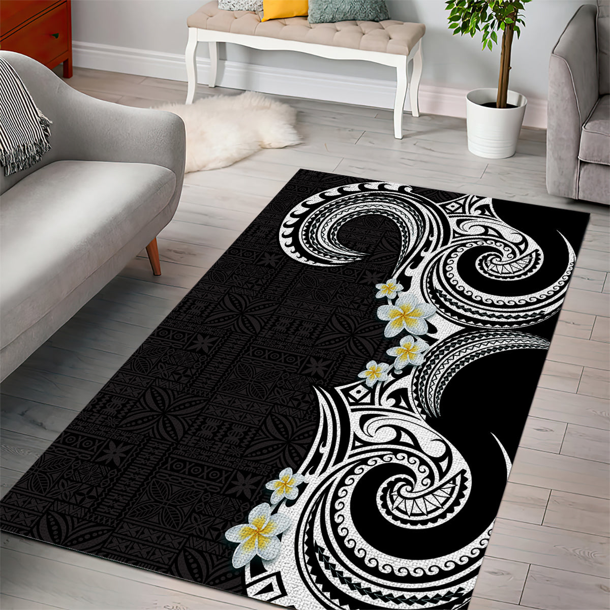 Aloha Polynesian Plumeria Flower Area Rug Black White Color LT03 - Polynesian Pride
