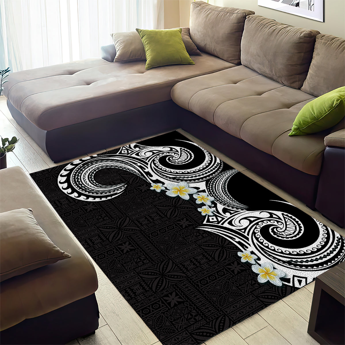 Aloha Polynesian Plumeria Flower Area Rug Black White Color LT03 - Polynesian Pride