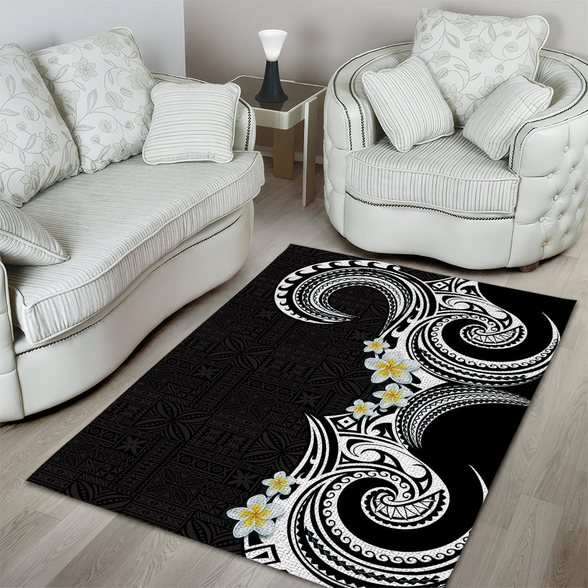 Aloha Polynesian Plumeria Flower Area Rug Black White Color LT03 - Polynesian Pride