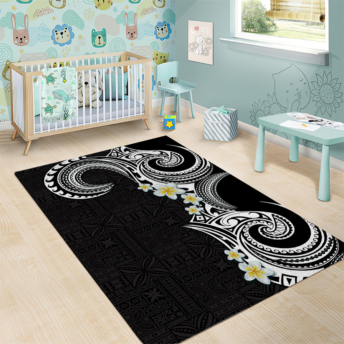 Aloha Polynesian Plumeria Flower Area Rug Black White Color LT03 - Polynesian Pride