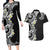 Aloha Polynesian Plumeria Flower Couples Matching Long Sleeve Bodycon Dress and Hawaiian Shirt Black White Color