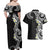 Aloha Polynesian Plumeria Flower Couples Matching Off Shoulder Maxi Dress and Hawaiian Shirt Black White Color