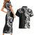 Aloha Polynesian Plumeria Flower Couples Matching Short Sleeve Bodycon Dress and Hawaiian Shirt Black White Color