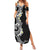 Aloha Polynesian Plumeria Flower Family Matching Summer Maxi Dress and Hawaiian Shirt Black White Color