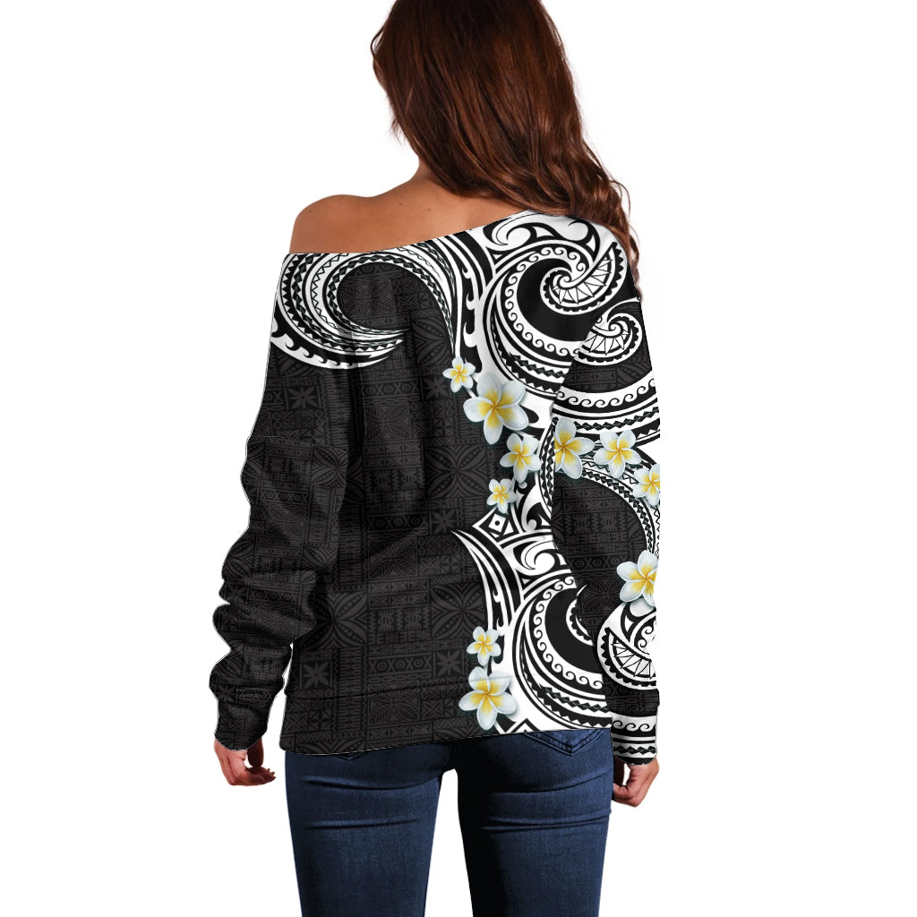 Aloha Polynesian Plumeria Flower Off Shoulder Sweater Black White Color LT03 - Polynesian Pride
