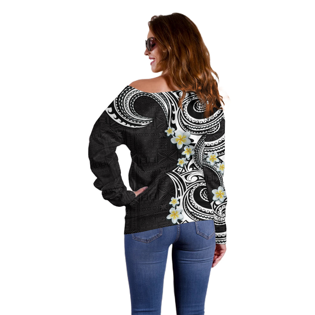 Aloha Polynesian Plumeria Flower Off Shoulder Sweater Black White Color LT03 - Polynesian Pride