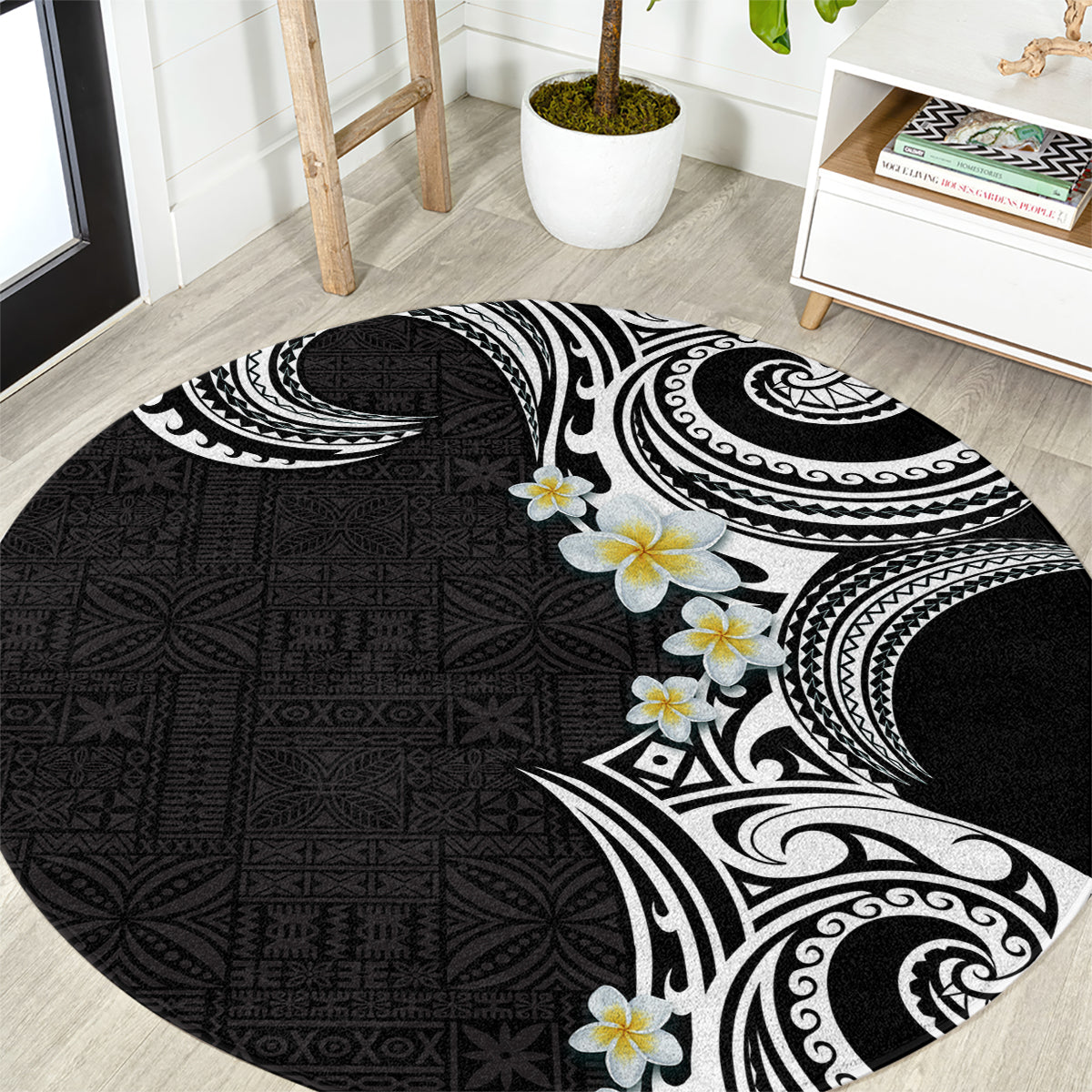 Aloha Polynesian Plumeria Flower Round Carpet Black White Color LT03 Black - Polynesian Pride