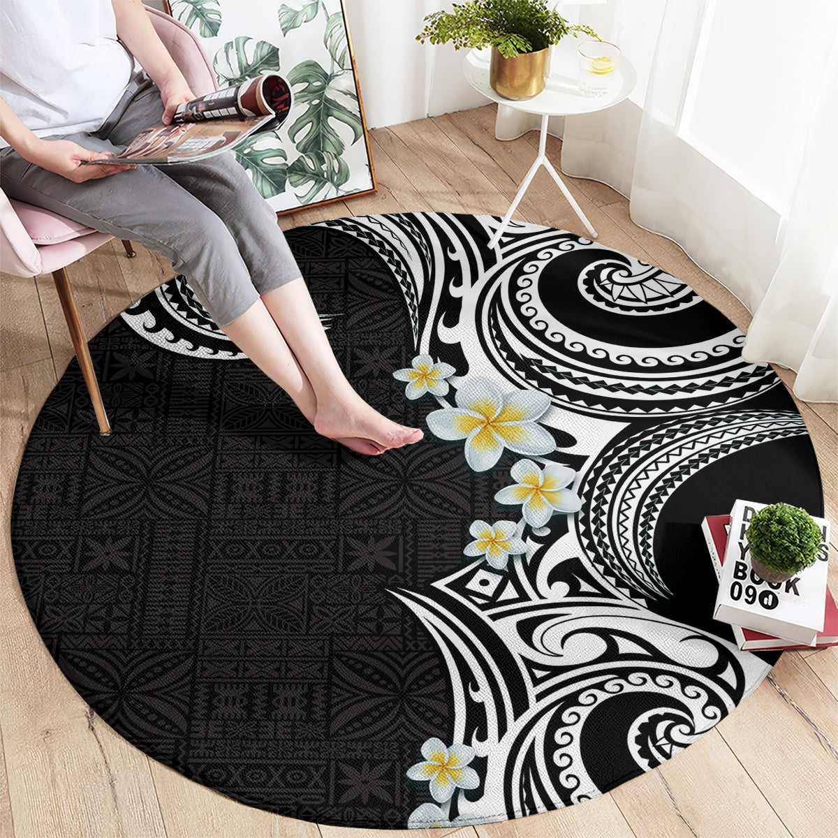 Aloha Polynesian Plumeria Flower Round Carpet Black White Color LT03 - Polynesian Pride