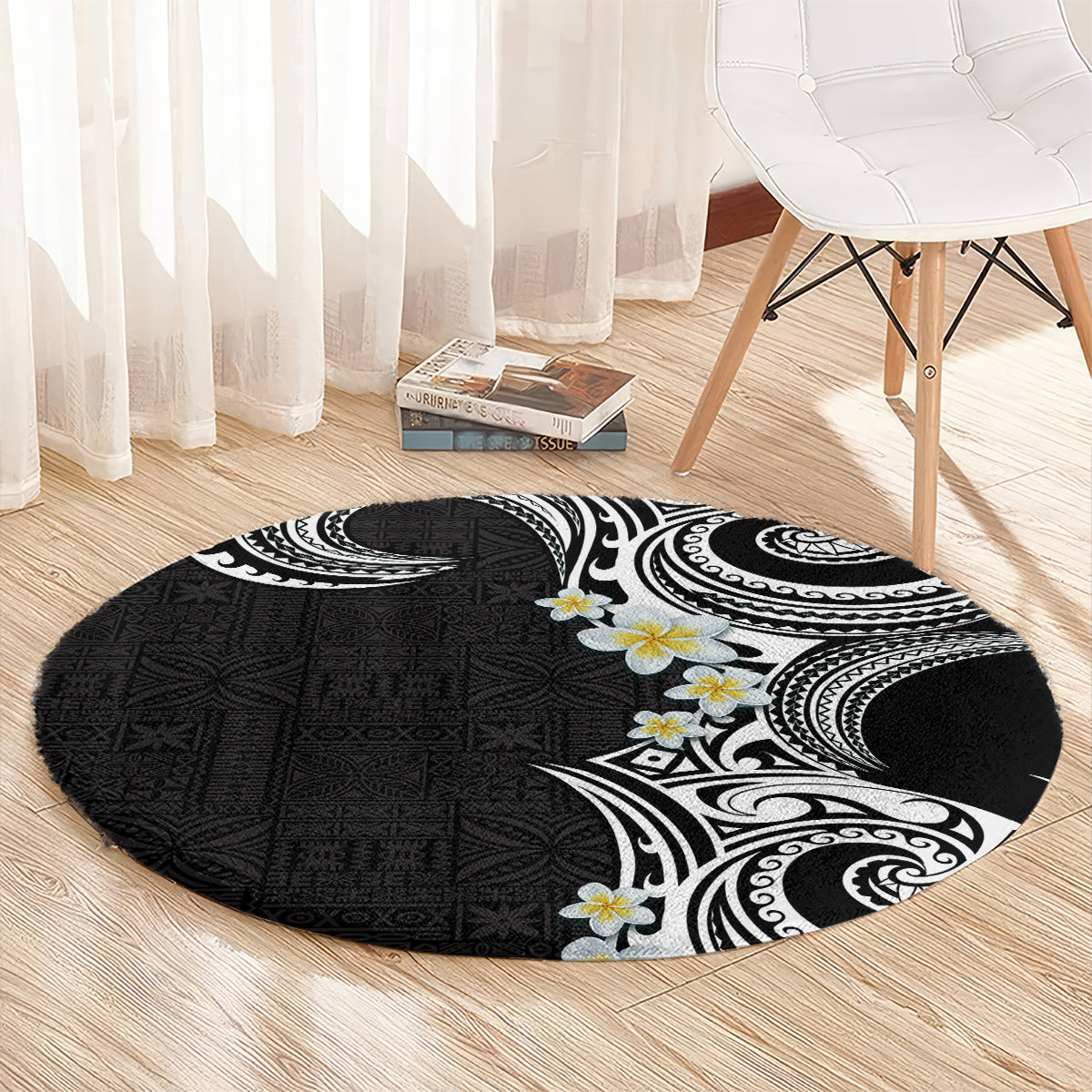 Aloha Polynesian Plumeria Flower Round Carpet Black White Color LT03 - Polynesian Pride