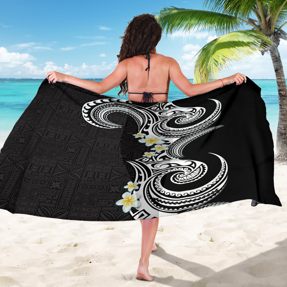 Aloha Polynesian Plumeria Flower Sarong Black White Color LT03 - Polynesian Pride