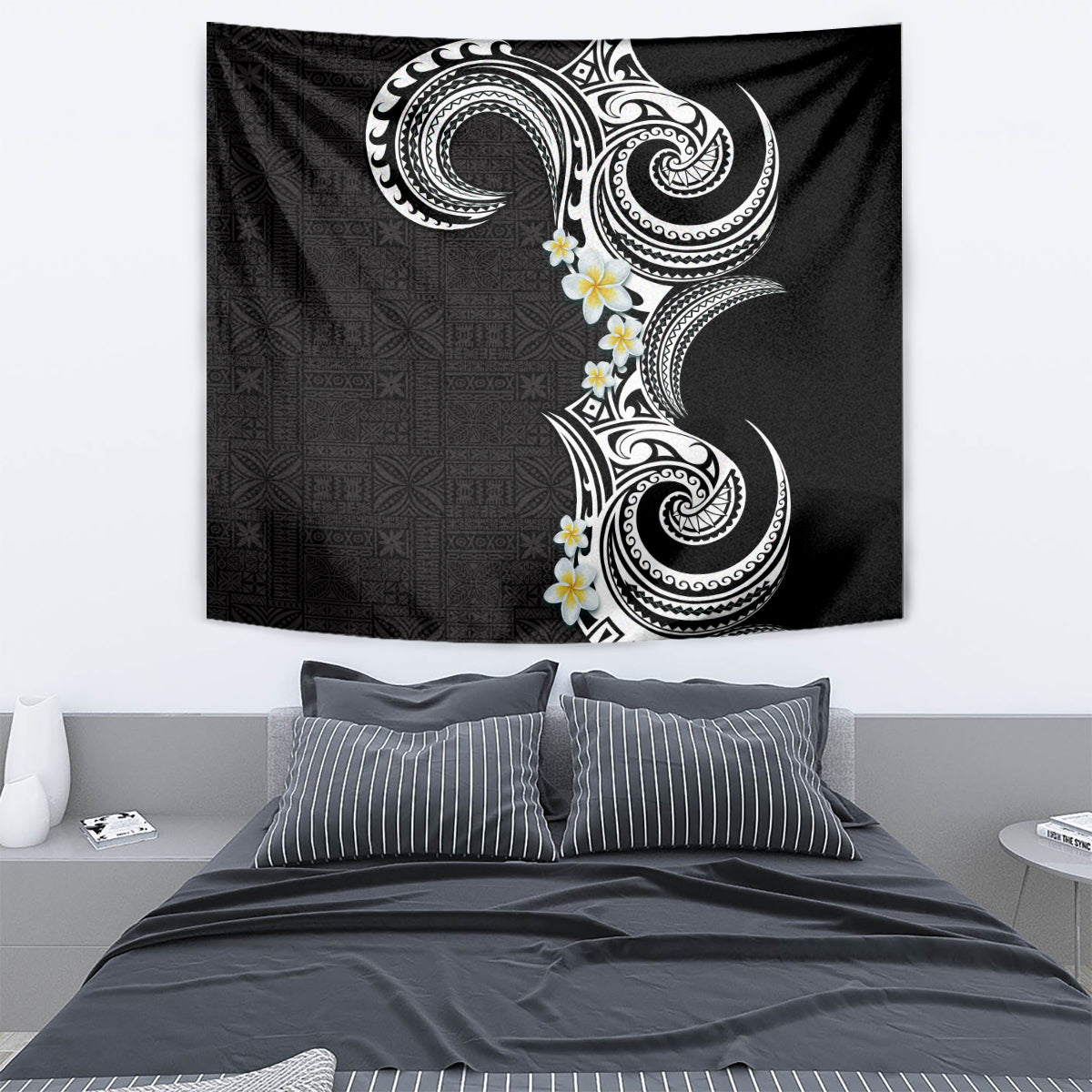 Aloha Polynesian Plumeria Flower Tapestry Black White Color LT03 - Polynesian Pride