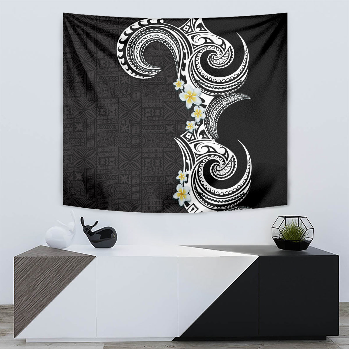 Aloha Polynesian Plumeria Flower Tapestry Black White Color LT03 - Polynesian Pride
