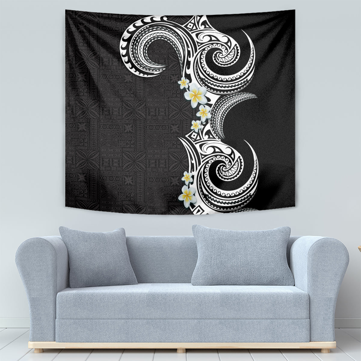 Aloha Polynesian Plumeria Flower Tapestry Black White Color LT03 - Polynesian Pride