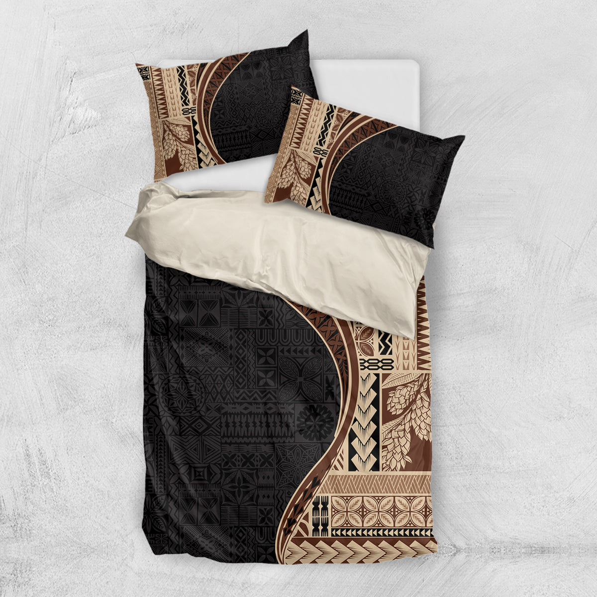Samoa Siapo Motif and Tapa Pattern Half Style Bedding Set Beige Color LT03 US Twin 172cm x 218cm Beige - Polynesian Pride